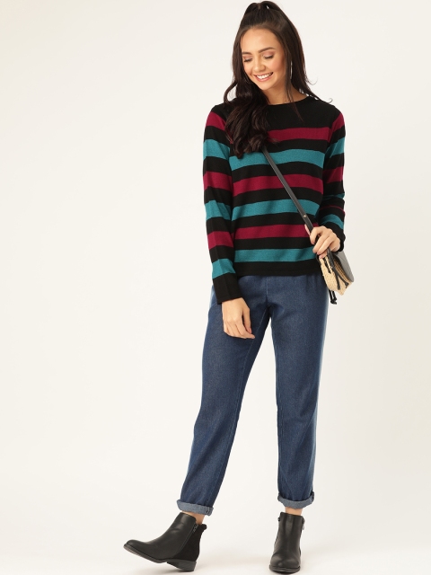 Women Black & Rust Red Multi-Striped Pullover Sweater