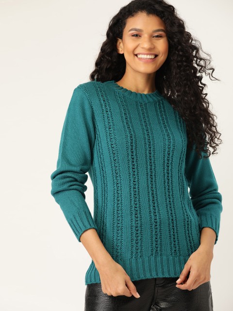 

DressBerry Women Teal Green Self-Striped Open Knit Pullover Sweater