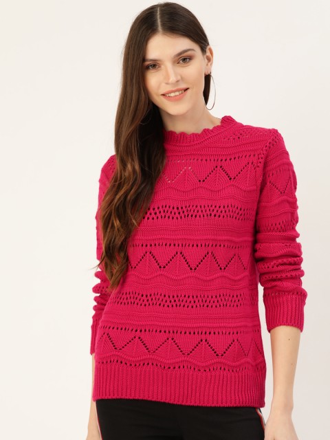 

DressBerry Women Pink Open Knit Self Design Pullover Sweater