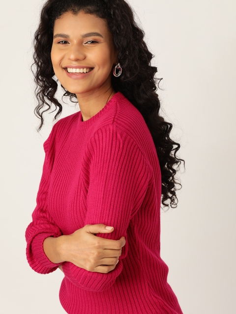 

DressBerry Women Pink Ribbed Pullover Sweater