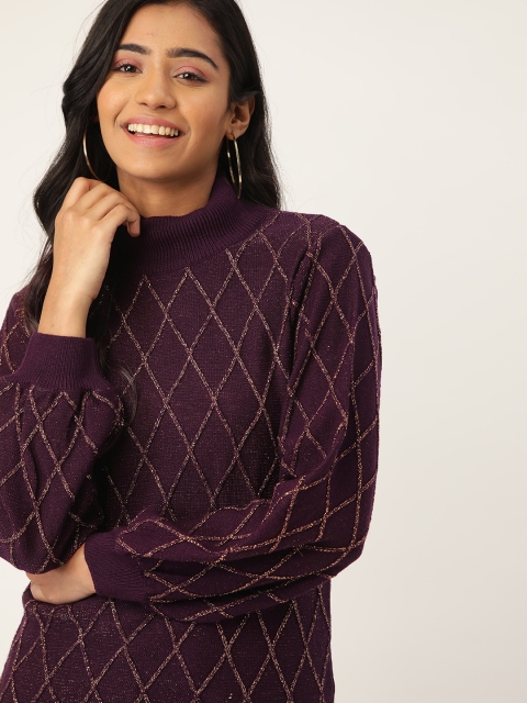 

DressBerry Women Purple & Golden Self Design Pullover Sweater