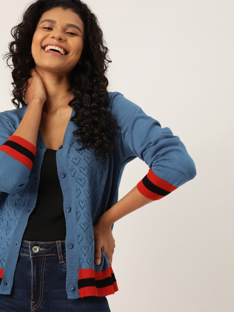 

DressBerry Women Blue Self Design Cardigan