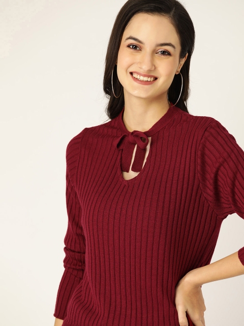 Women Maroon Self Striped Pullover Sweater