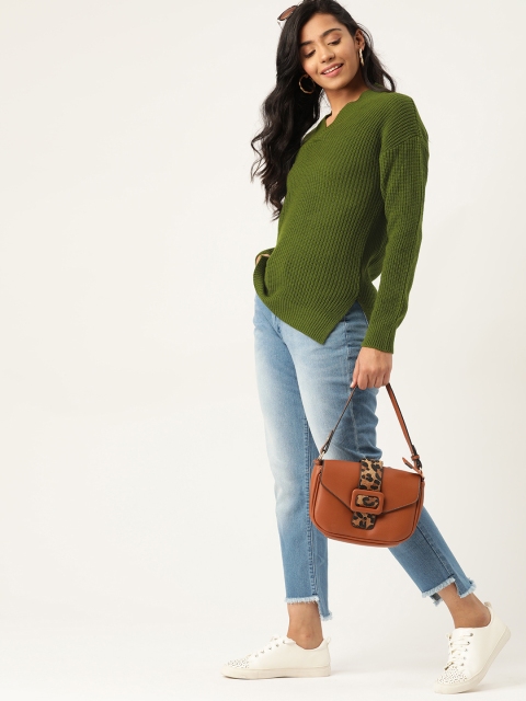 

DressBerry Women Olive Green Ribbed Pullover