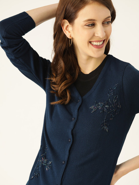 

DressBerry Women Navy Blue Embroidered Cardigan