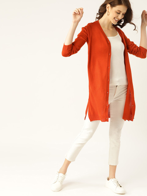 

DressBerry Women Rust Orange Solid Longline Cardigan Sweater