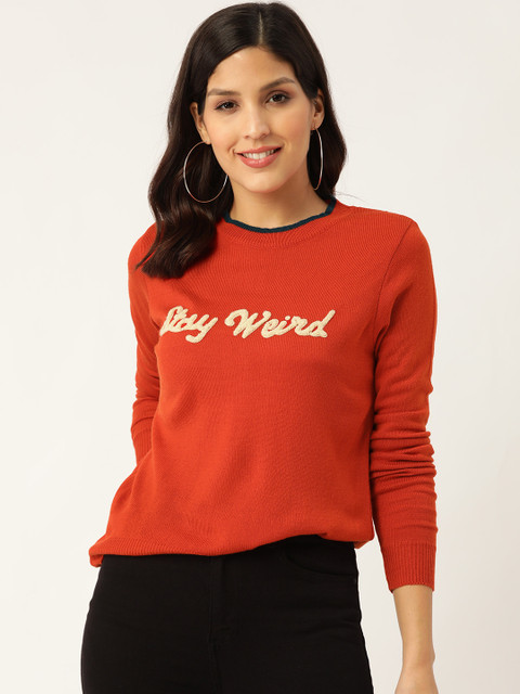 

DressBerry Women Rust Orange Embroidered Detail Pullover Sweater
