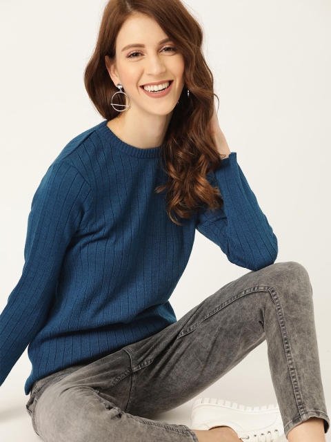 

DressBerry Women Teal Blue Ribbed Pullover