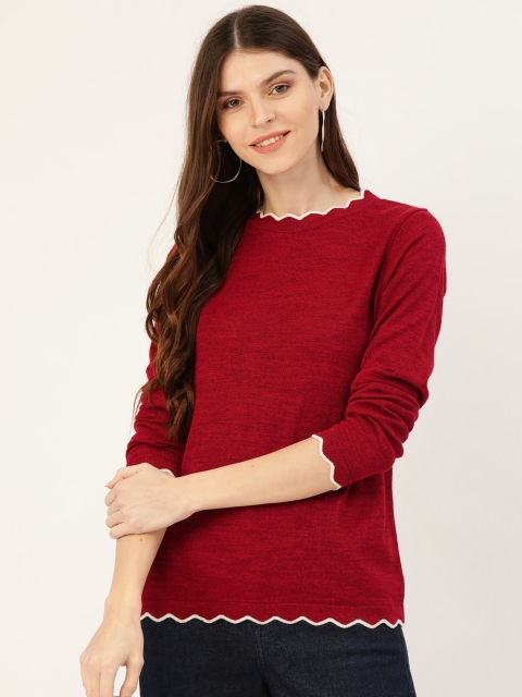 Women Red Solid Scalloped Hem Pullover Sweater
