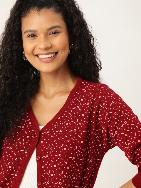 

DressBerry Women Red and White Self Design Cardigan Sweater
