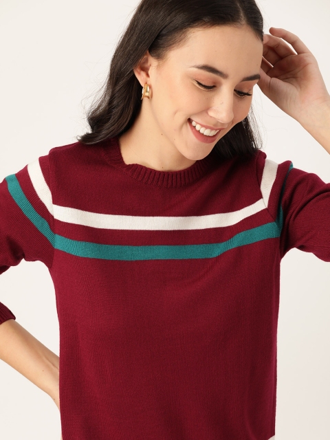Women Maroon Striped Acrylic Pullover