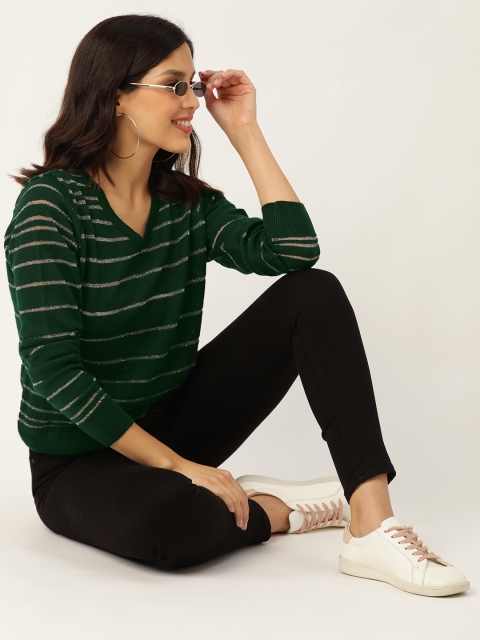 

DressBerry Women Green & Silver Striped Pullover Sweater