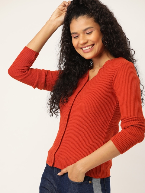 

DressBerry Women Orange Ribbed Cardigan