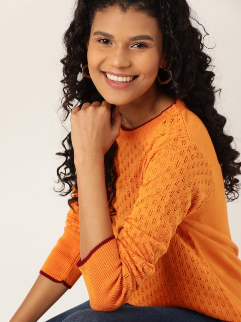 

DressBerry Women Orange Self Design Pullover Sweater