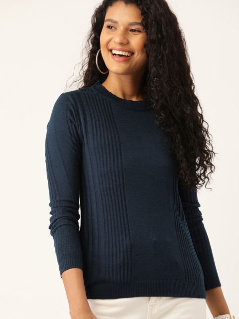 

DressBerry Women Navy Blue Ribbed Pullover Sweater