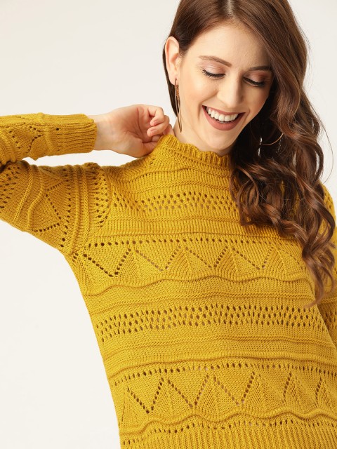 

DressBerry Women Mustard Yellow Open Knit Pullover Sweater