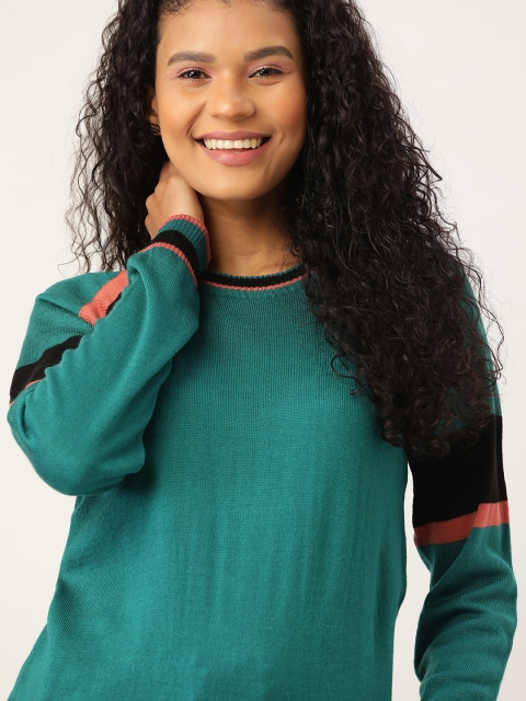 

DressBerry Women Teal Blue & Black Striped Acrylic Pullover Sweater