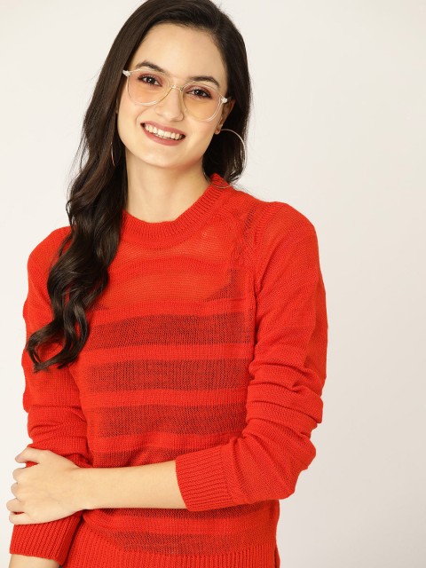 

DressBerry Women Orange Self Striped Sheer Open Knit Acrylic Pullover