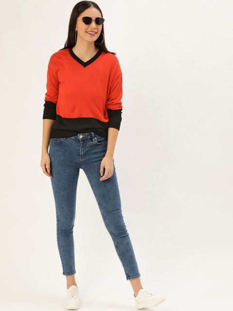 

DressBerry Women Orange & Black Colourblocked Pullover