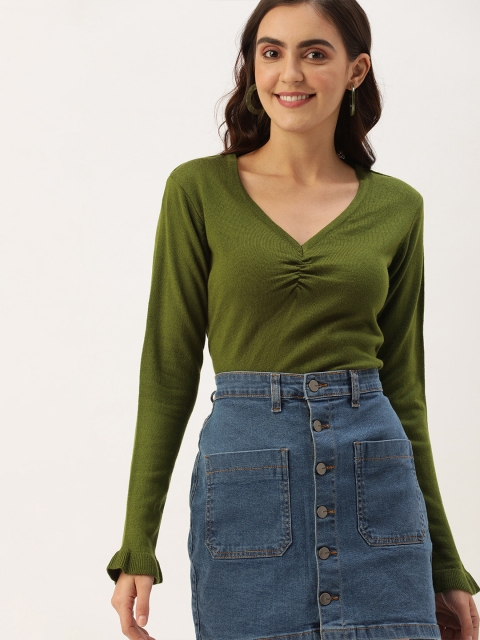 

DressBerry Women Green Solid with Gathered Detail Acrylic Sweater