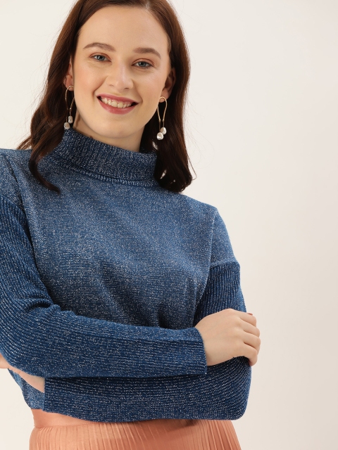 

DressBerry Women Teal Blue & Silver Solid Pullover Sweater