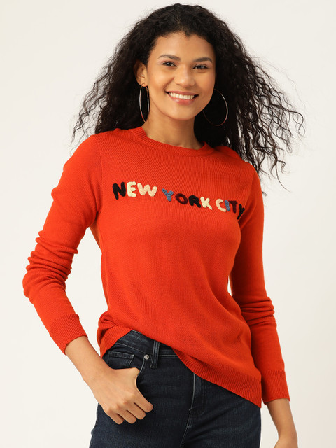 

DressBerry Women Rust Orange Embroidered Detail Pullover Sweater