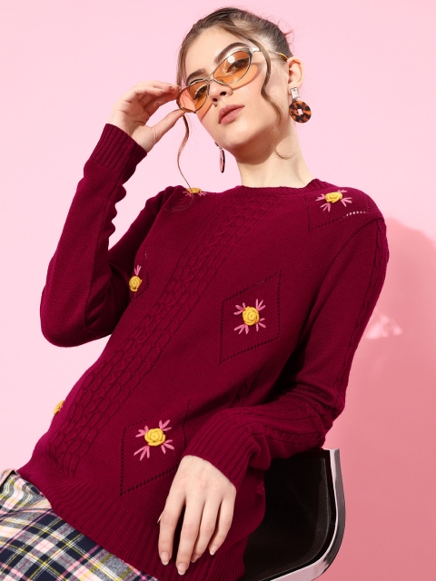

DressBerry Woman Charming Maroon Floral Knitted Sweater