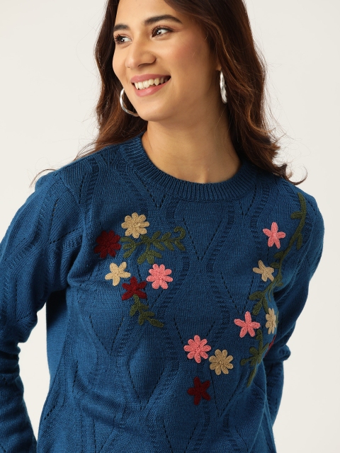 Women Teal Blue Self Design Pullover Sweater