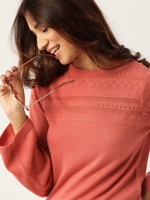 

DressBerry Women Peach-Coloured Solid Acrylic Pullover Sweater