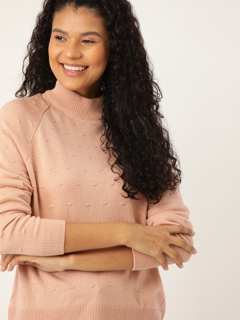Women Peach-Coloured Self Design Pullover