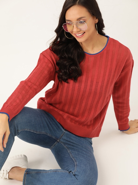 

DressBerry Women Coral Pink Self-Striped Open Knit Acrylic Sweater