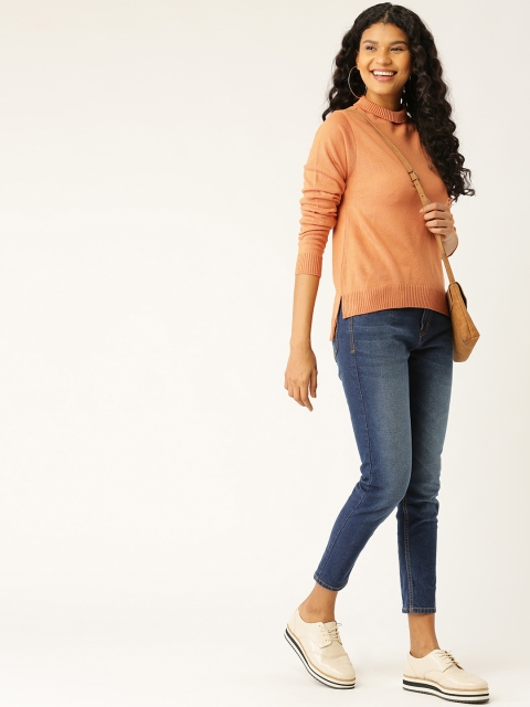 Women Peach-Coloured Solid High-Low Pullover