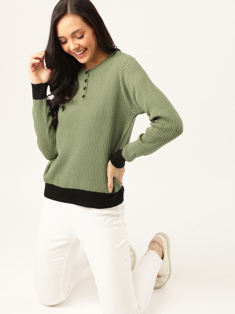 Women Green & Black Ribbed Pullover Sweater