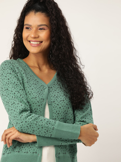 

DressBerry Women Green Printed Cardigan Sweater