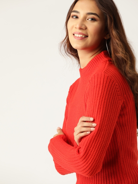 

DressBerry Women Coral Orange Ribbed Pullover