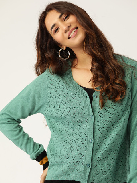 

DressBerry Women Green Self Design Cardigan