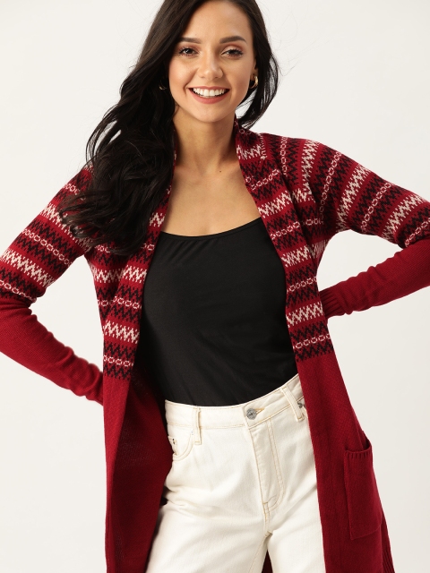 

DressBerry Women Red Self Design Longline Front-Open Sweater