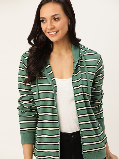 

DressBerry Women Green & Off-White Striped Hooded Sweatshirt