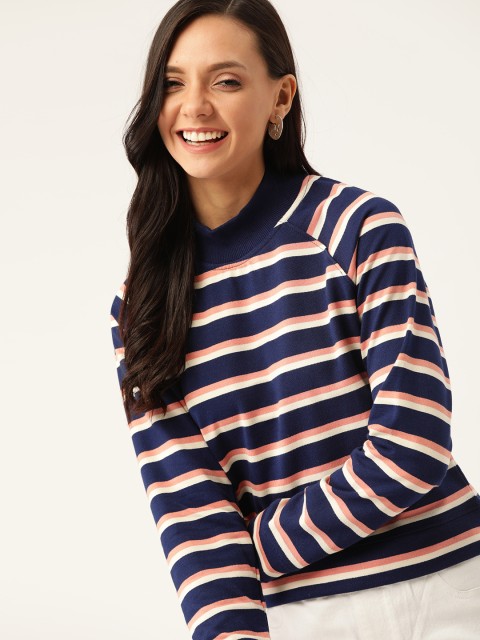 

DressBerry Women Navy Blue & Off-White Striped Sweatshirt