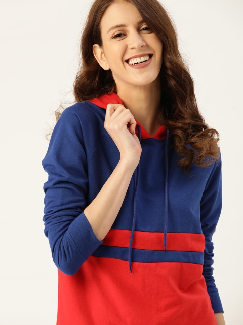 

DressBerry Women Blue & Red Colourblocked Hooded Sweatshirt