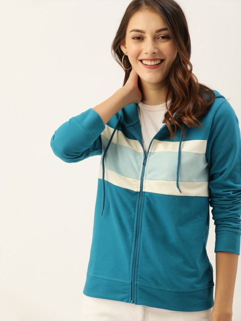 

DressBerry Women Teal Blue & Off-White Colourblocked Hooded Sweatshirt