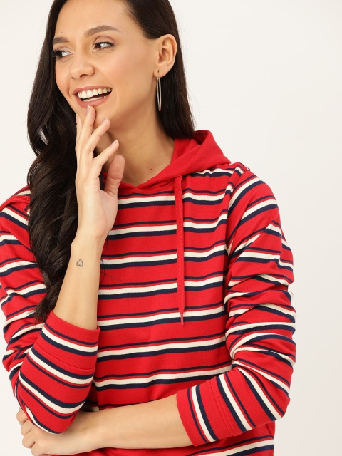 

DressBerry Women Red & Navy Blue Striped Hooded Sweatshirt