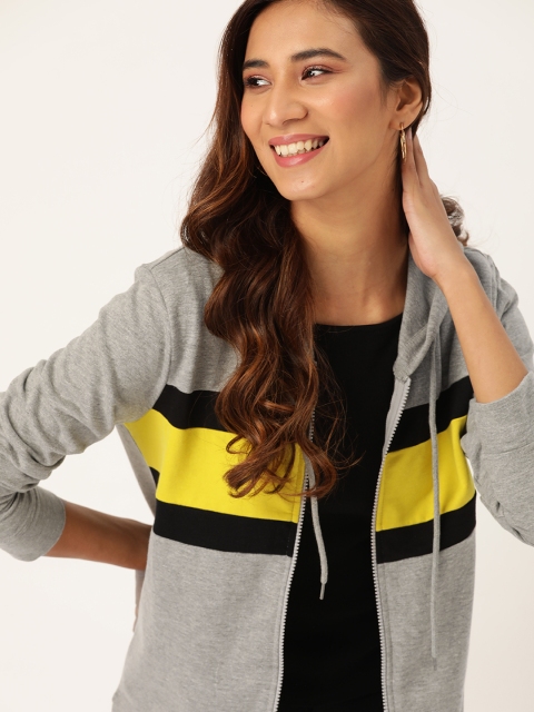 

DressBerry Women Grey Melange & Yellow Striped Hooded Sweatshirt