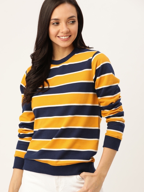 

DressBerry Women Mustard & Navy Blue Striped Sweatshirt