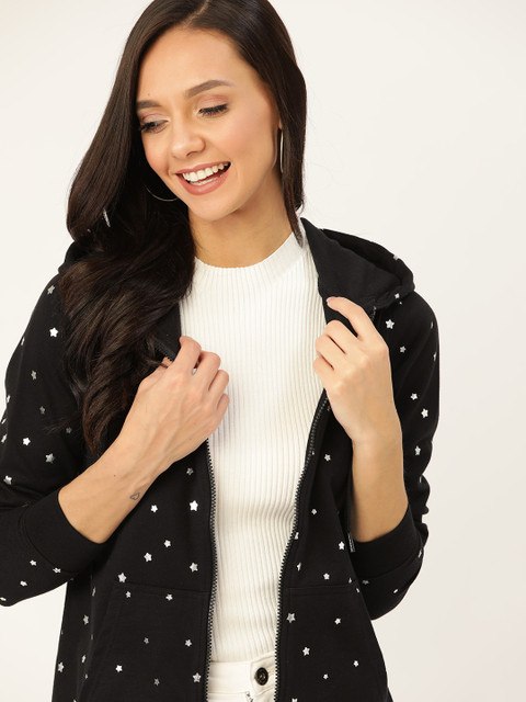 

DressBerry Women Black & Silver Star Printed Hooded Sweatshirt