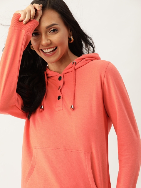 

DressBerry Women Coral Orange Solid Hooded Sweatshirt