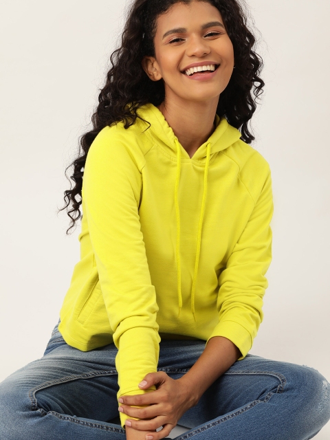 Women Lime Green Solid Hooded Sweatshirt