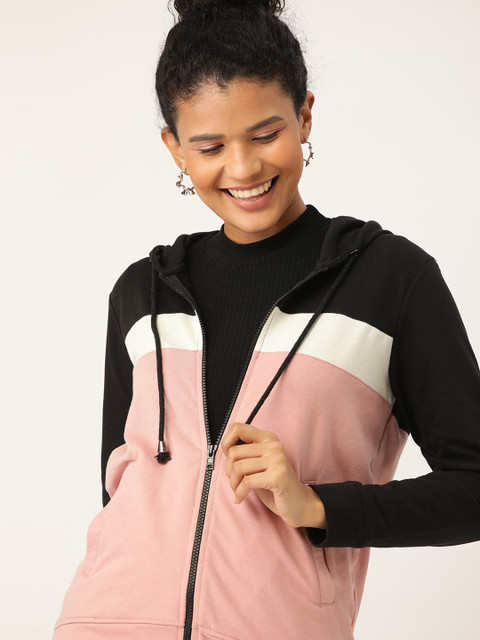 

DressBerry Women Dusty Pink & Black Hooded Sweatshirt