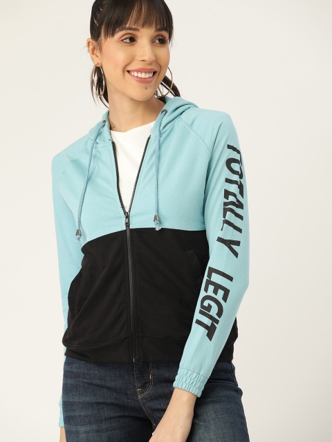 

DressBerry Women Blue & Black Colourblocked Hooded Sweatshirt