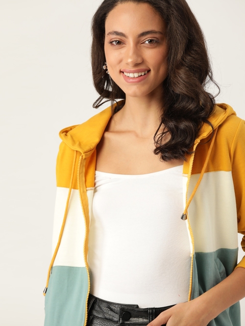 

DressBerry Women Mustard Yellow & White Colourblocked Hooded Sweatshirt